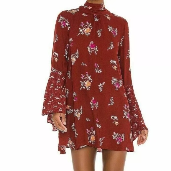Free People Dresses & Skirts - NWT FREE PEOPLE Burgundy Floral Long Bell Sleeve Tie Back Mini Dress Size Small